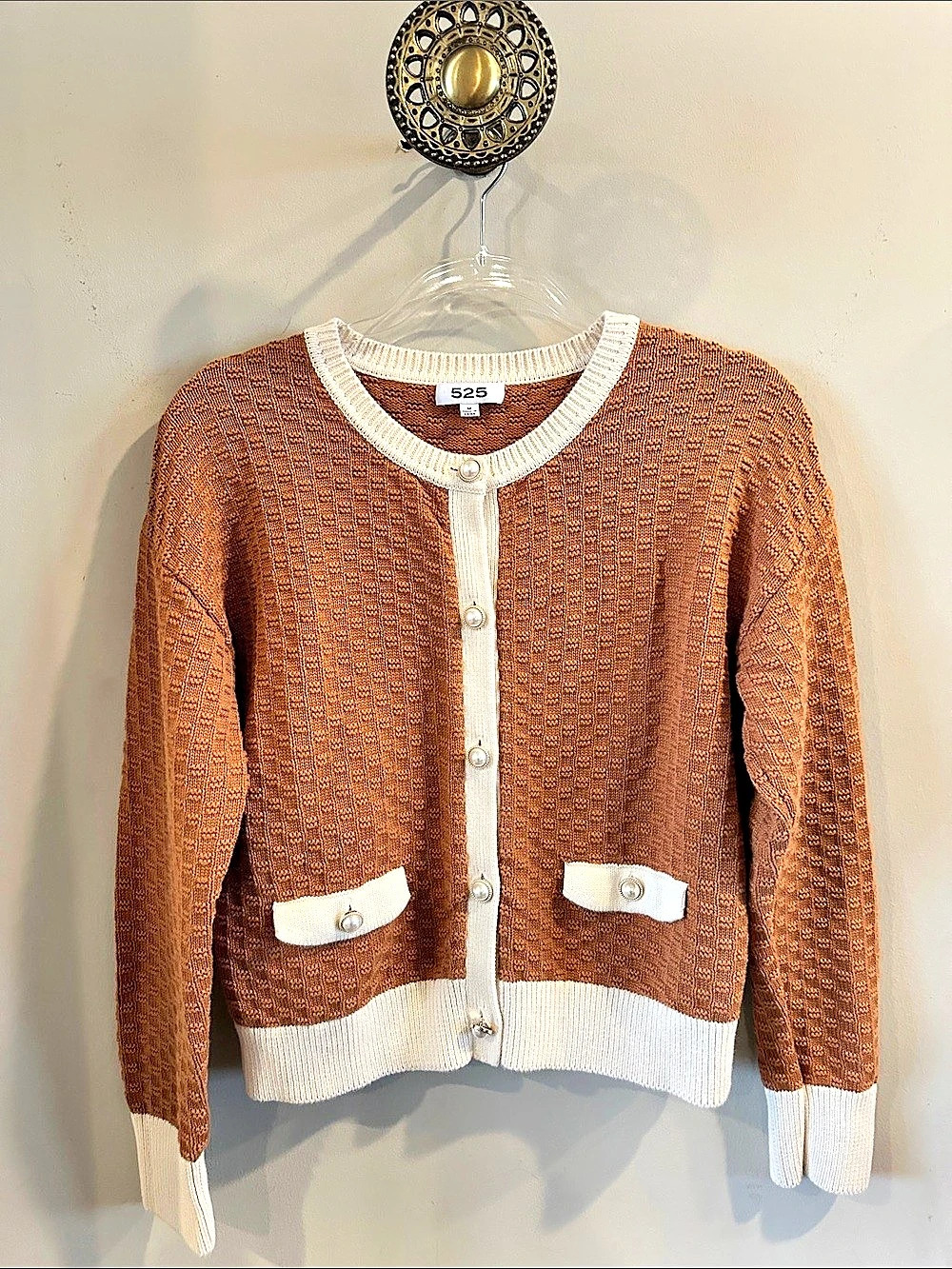 525 Textured Cotton Cardigan in Brown & Cream Size Medium